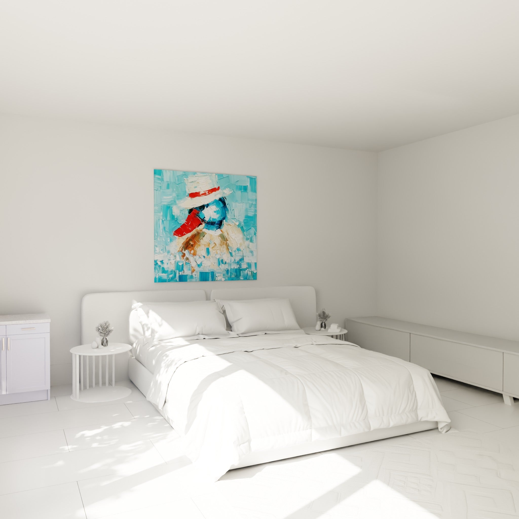 Canard coiffé d'un chapeau rouge et blanc, empâtements bleus, au-dessus d'un lit dans une chambre claire