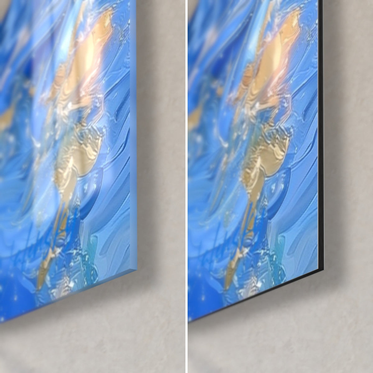 Tableau canard bleu et doré, coin bas droit : verre acrylique brillant et reflets à gauche, alu Dibond mat noir à droite, tranche de 3 mm