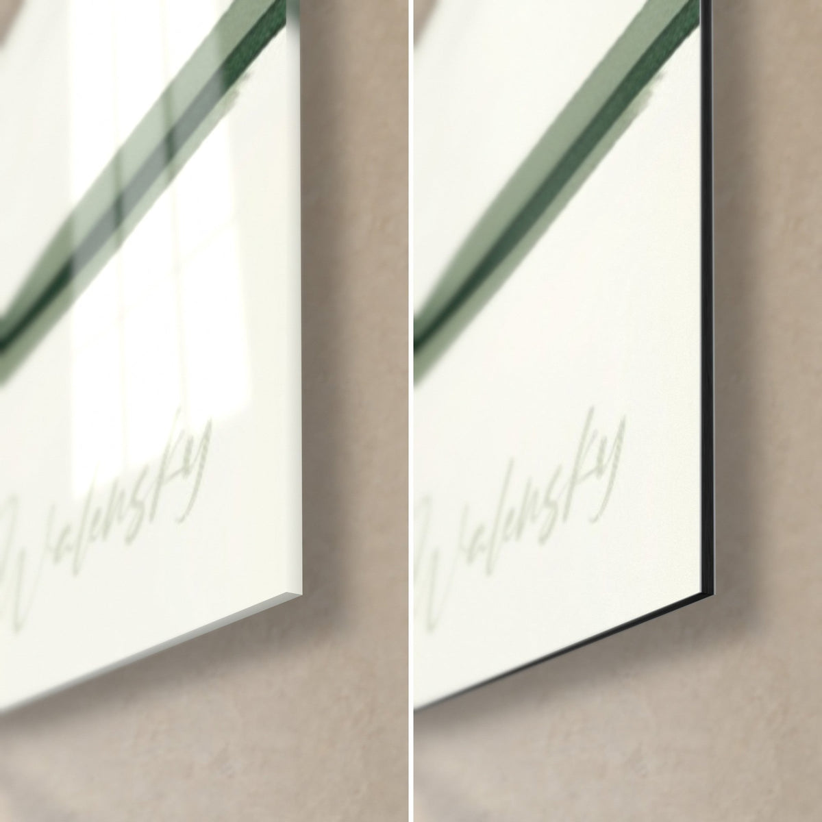 Quadro anatra nera e beige, angolo in basso a destra, firma Walensky, vetro acrilico lucido e alluminio Dibond nero opaco, spessore 3 mm