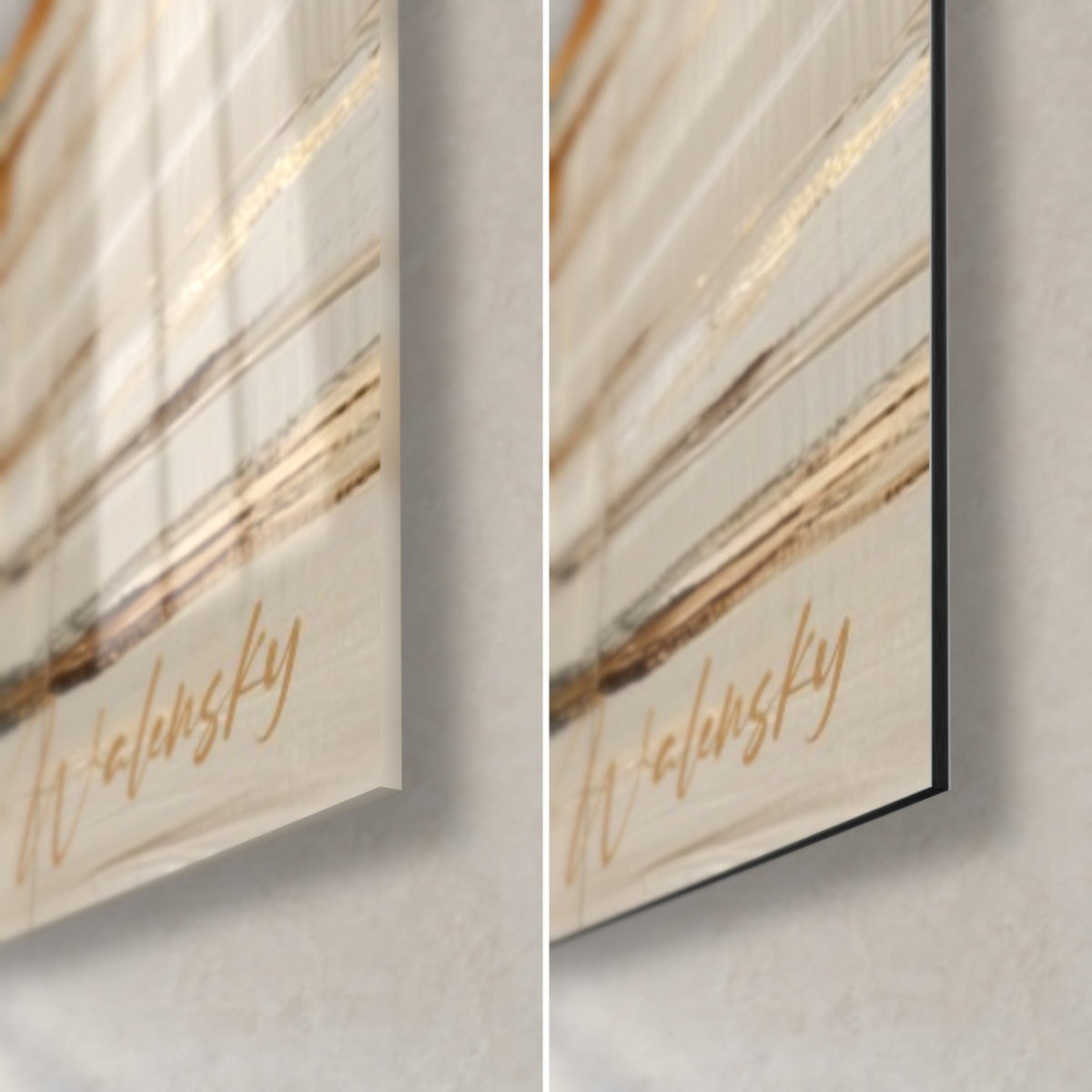 Tableau canard nageant, coin bas droit : verre brillant à gauche, Dibond noir mat à droite, signature dorée Walensky
