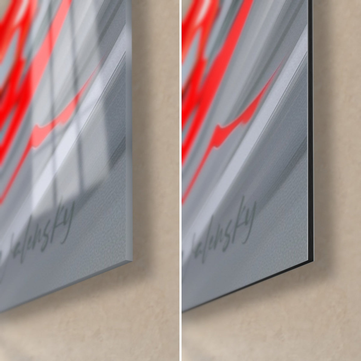 Cuadro ave acuática, salpicadura roja sobre fondo gris, cristal brillante en la esquina inferior derecha a la izquierda, aluminio Dibond mate a la derecha