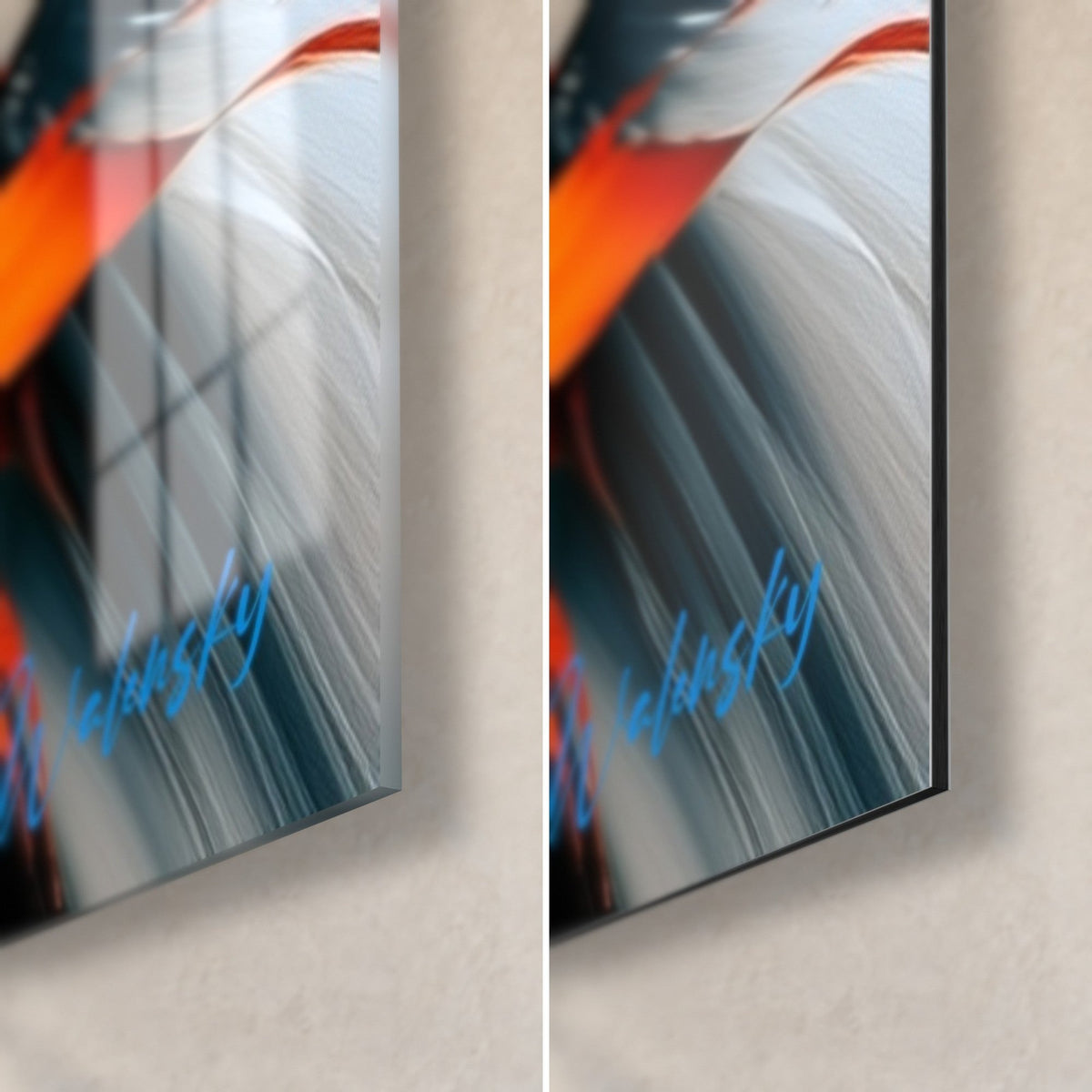 Wall art orange and white duck, bottom right corner: glossy acrylic glass on the left, matte Dibond aluminium on the right, 3 mm edge visible