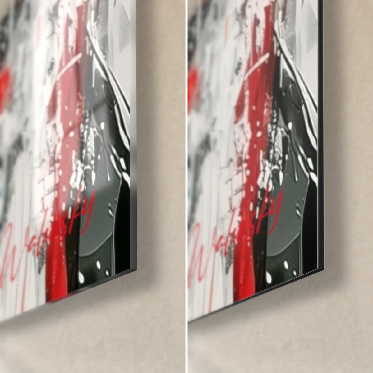 Tableau palmipède aux lunettes carmin, coin bas droit : verre acrylique brillant à gauche, alu Dibond mat noir à droite, tranche de 3 mm