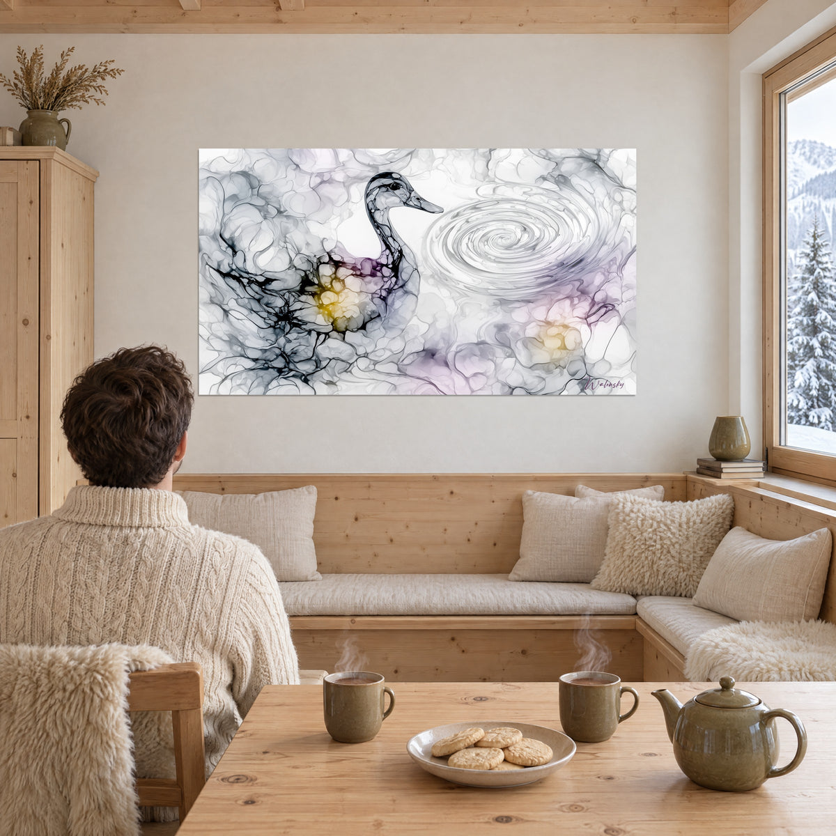 Quadro anatra disegnata con una rete di sottili vene nere, macchie viola e dorate, spirale d'acqua, in uno chalet rivestito di legno