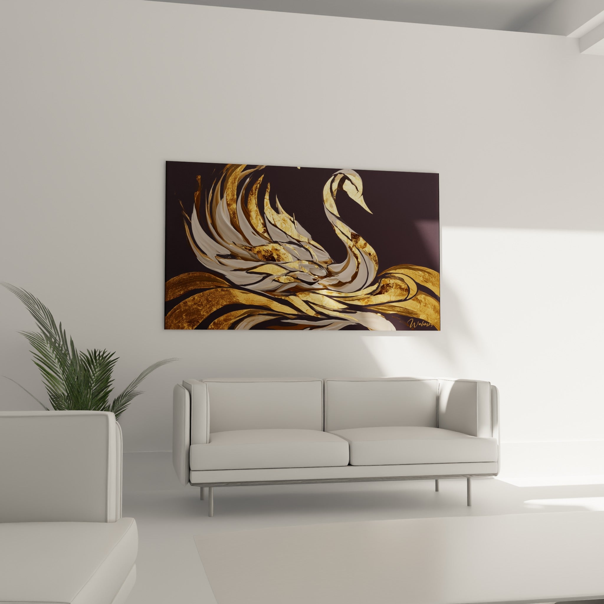 Envol du cygne doré et anthracite au-dessus d'un canapé dans un salon lumineux
