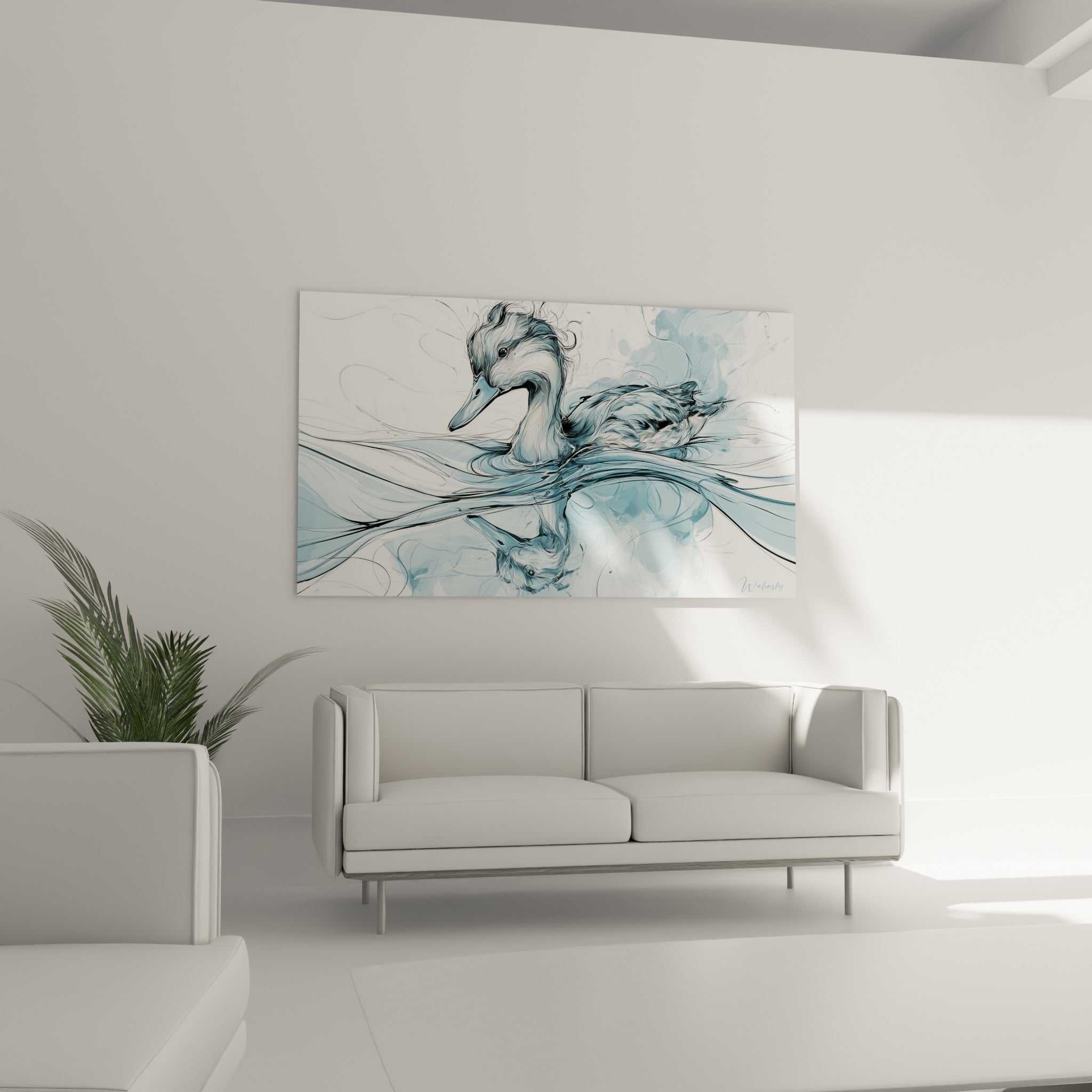 Canard esquissé en bleu pastel et anthracite au-dessus d'un canapé dans un salon lumineux