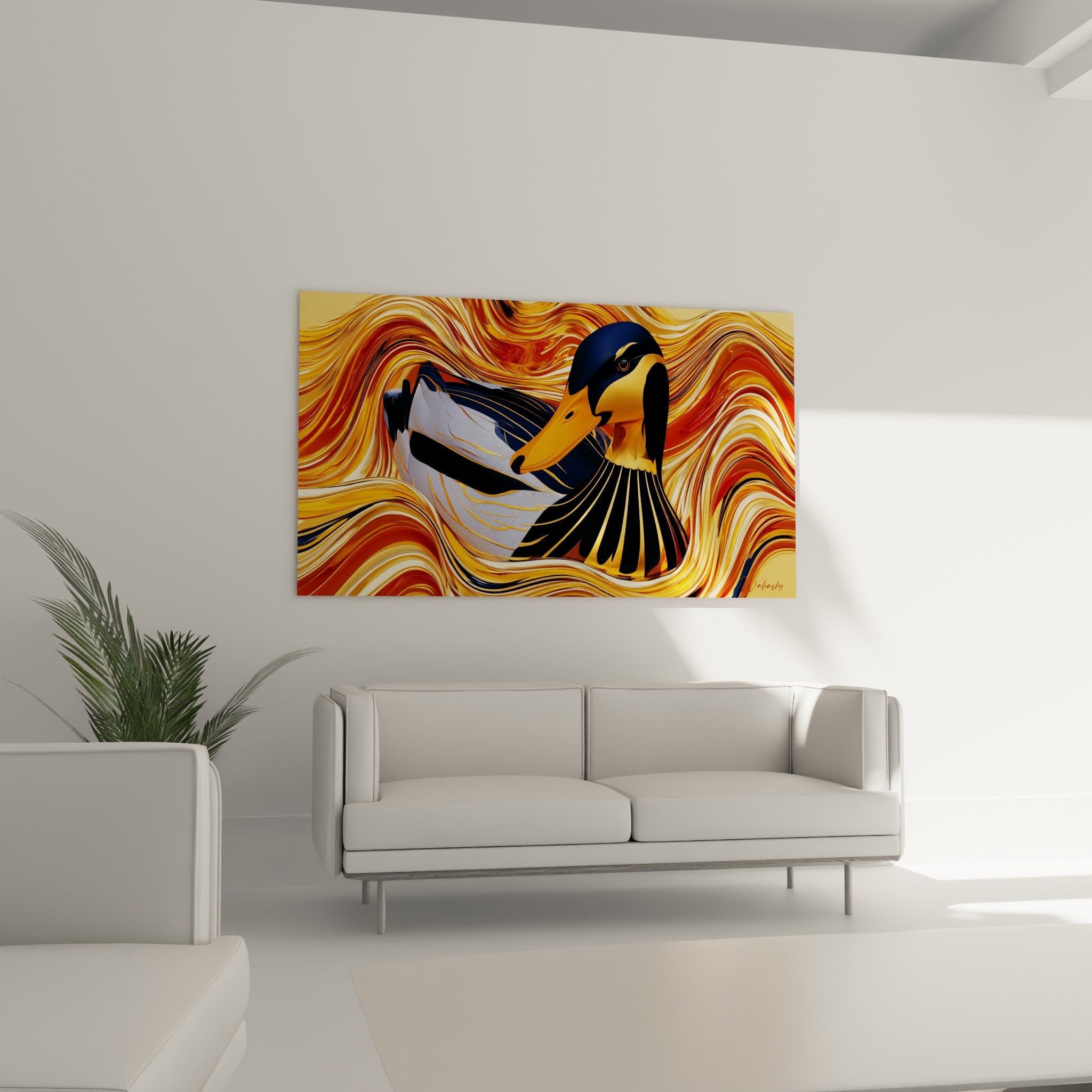 Canard doré et blanc cassé émergeant d'un tourbillon ambré, placé au-dessus d'un canapé dans un salon lumineux.