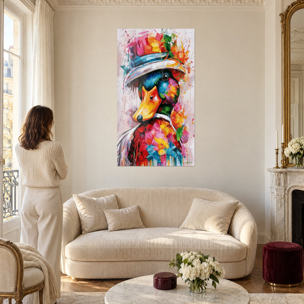 Quadro anatra con cappello rosa e blu, becco arancione vivo, schizzi su sfondo chiaro, sopra un divano in un soggiorno luminoso