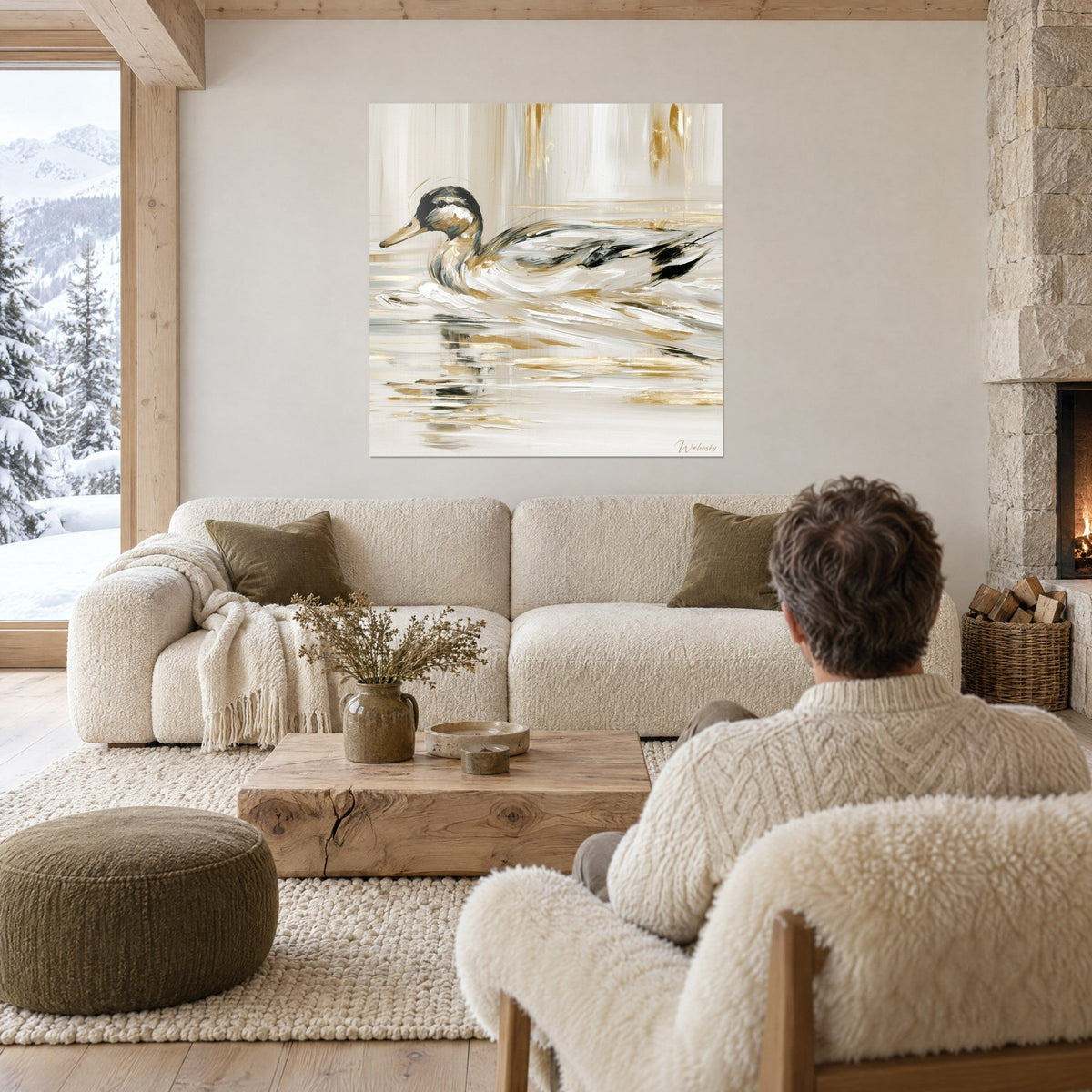 Tableau colvert glissant sur l'eau, plumage blanc, noir et or, deux personnes de dos, au-dessus d'un canapé dans un salon lumineux