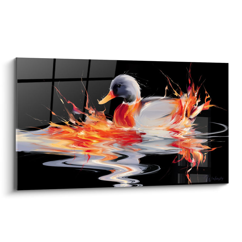 Tableau Canard sur eau noire aux flammes orange - Éveil incandescent - Edition Canard