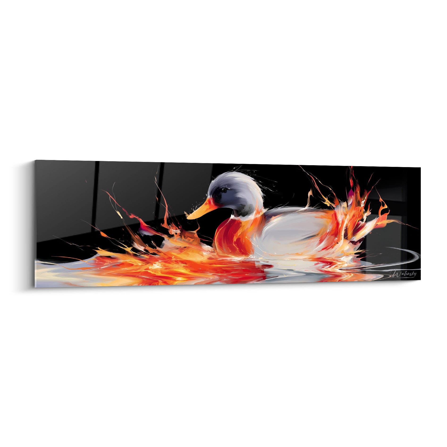 Canard blanc et orangé flottant parmi des flammes rouges sur fond anthracite intense