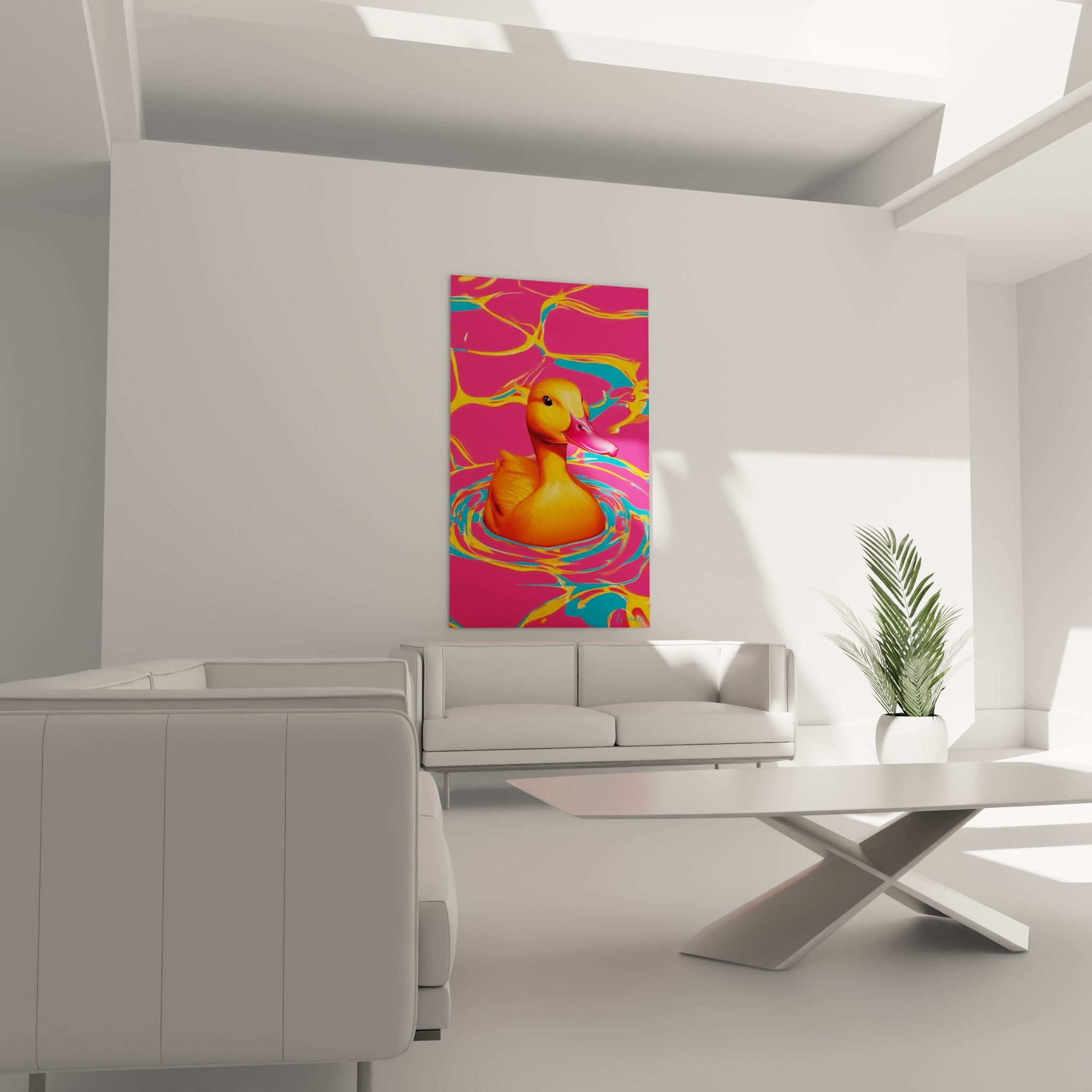 Canard rose et orange sur fond fuchsia électrique surplombe un canapé dans un salon lumineux