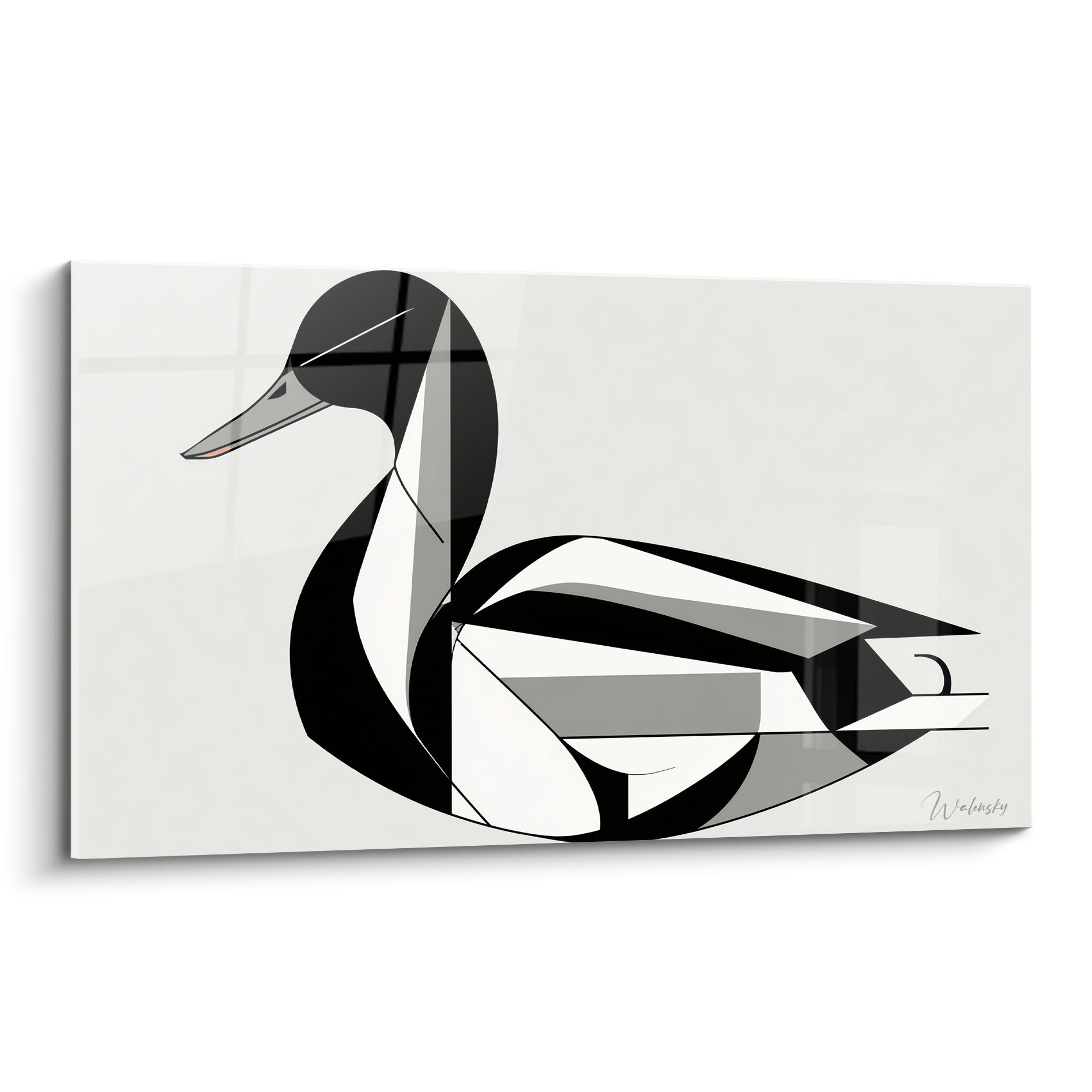 Canard aux formes géométriques noires et blanches, bec fin pointant vers le bas, fond ivoire épuré
