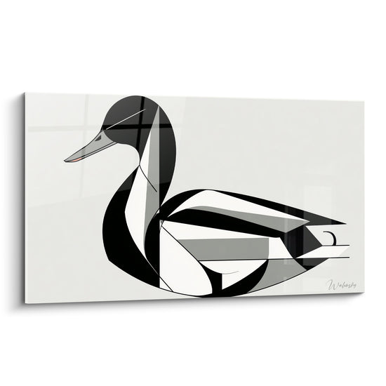 Canard aux formes géométriques noires et blanches, bec fin pointant vers le bas, fond ivoire épuré