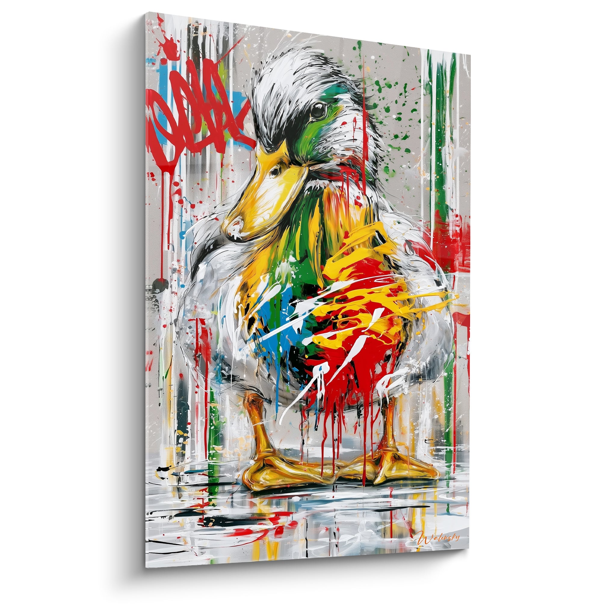 Canard blanc au plumage éclaboussé de rouge, jaune et vert style graffiti urbain