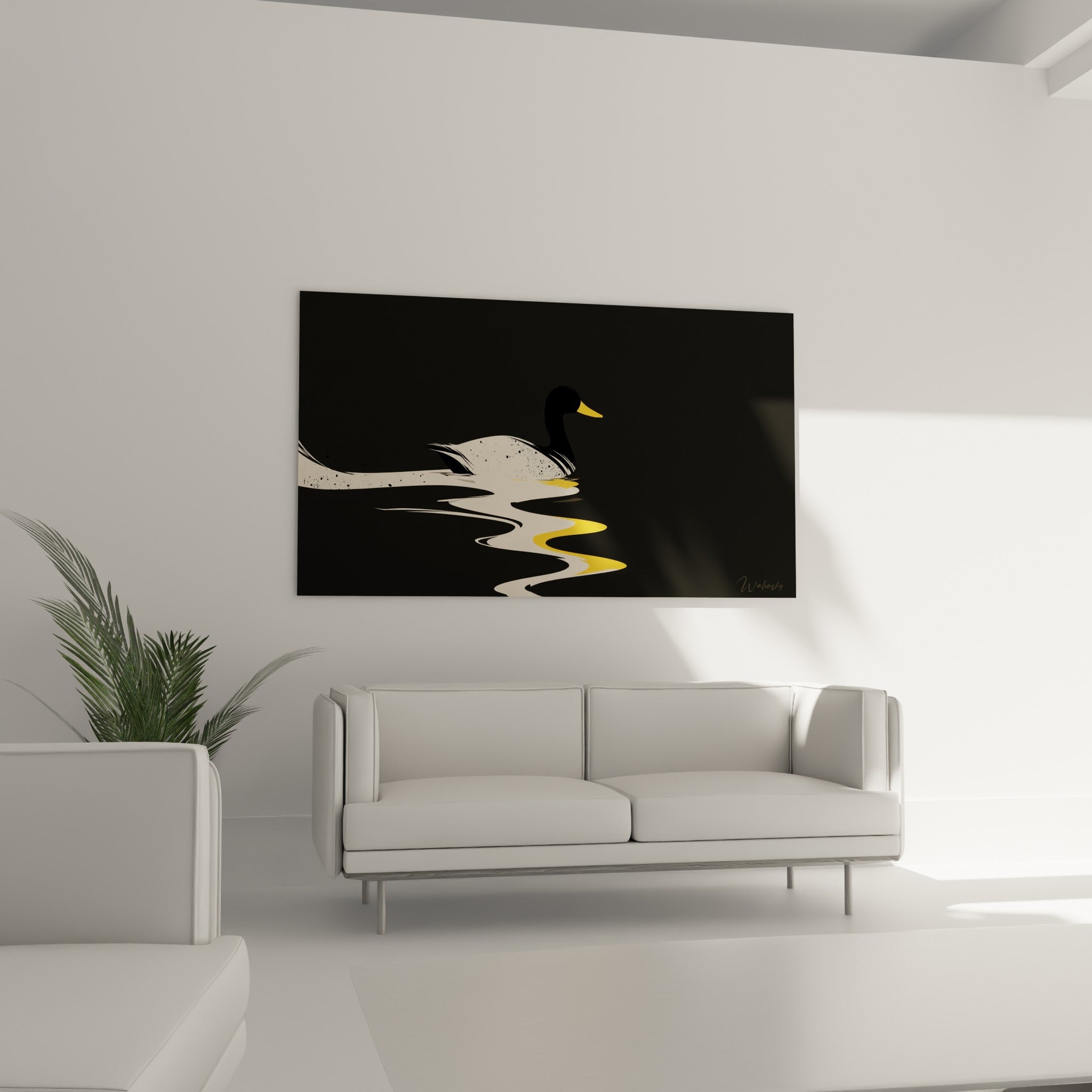 Oiseau aquatique stylisé aux teintes dorées au-dessus d'un canapé dans un salon lumineux