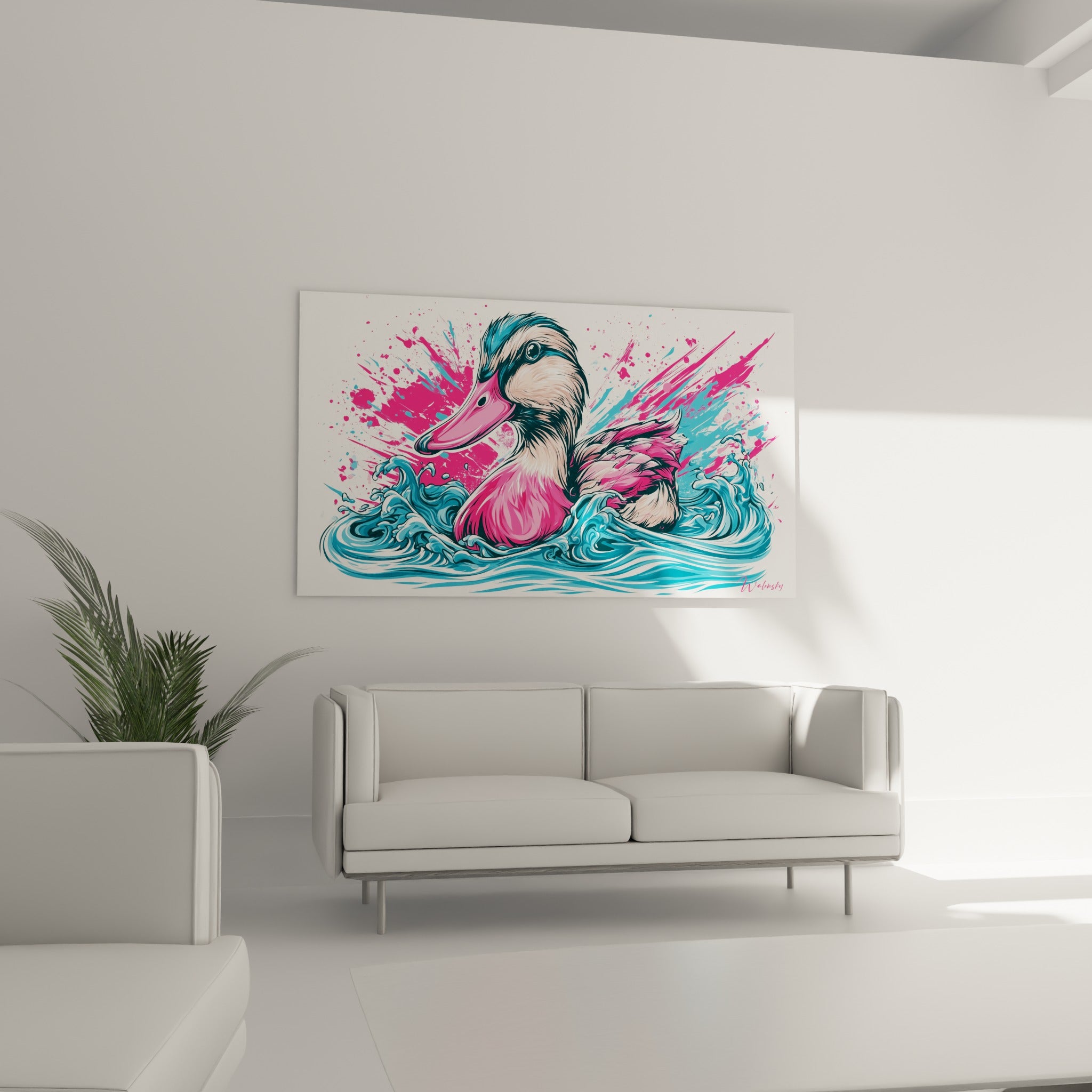 Illustration graphique d'un canard rose et bleu placée au-dessus d'un canapé dans un salon lumineux