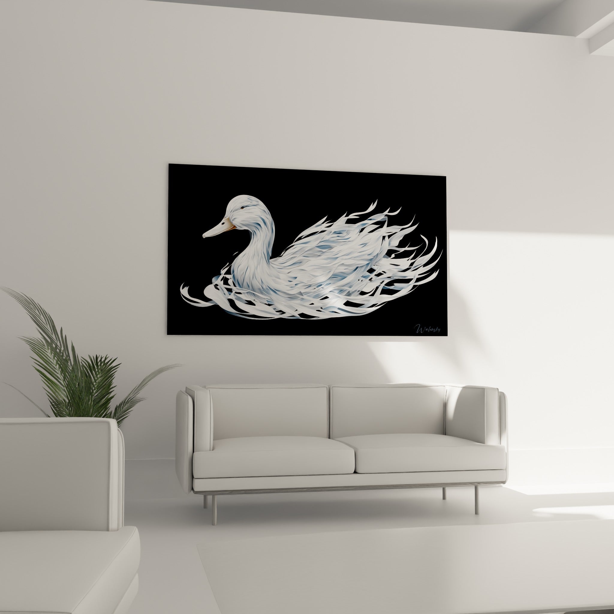 Silhouette du canard blanc et noir profond suspendue au-dessus d'un canapé dans un salon lumineux