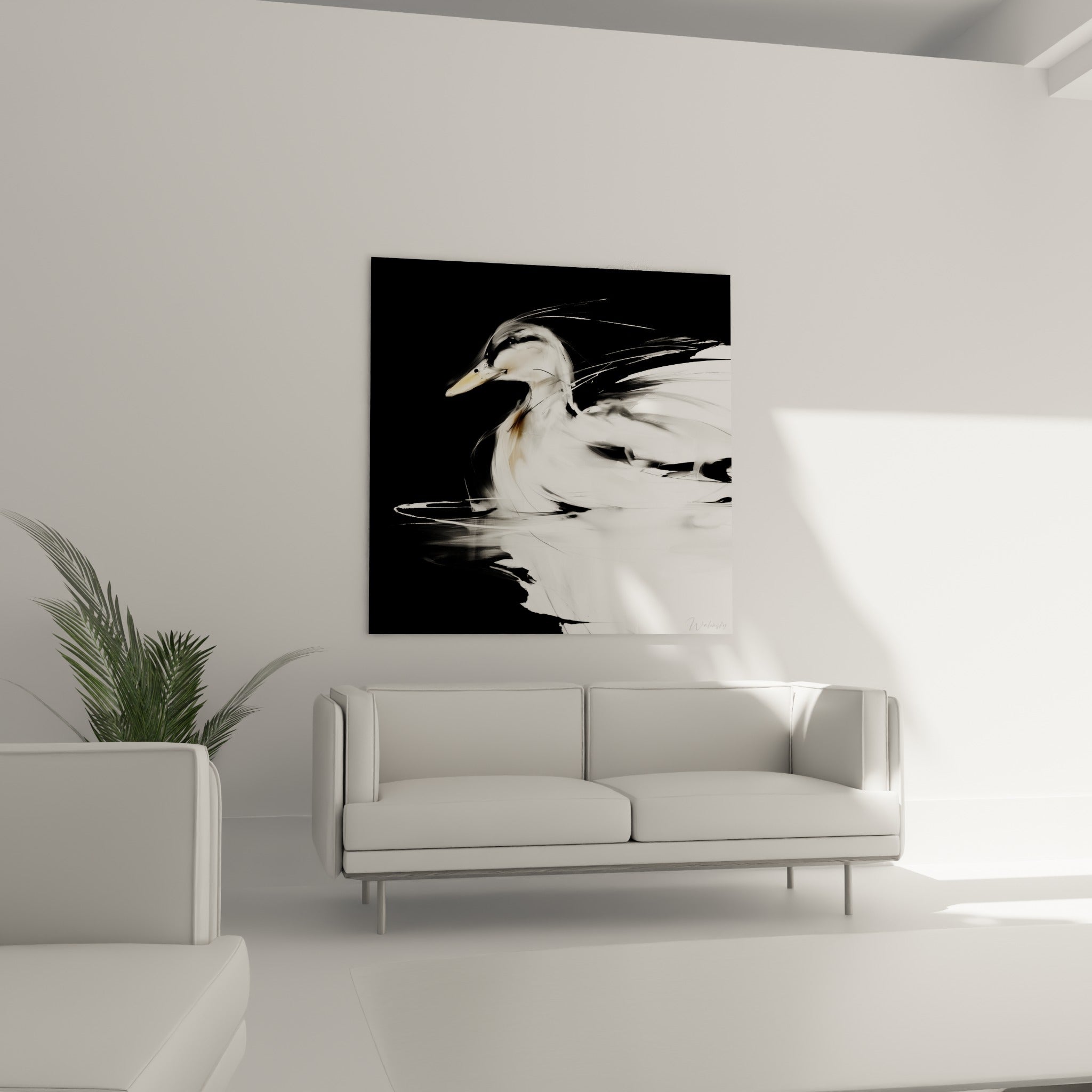 Silhouette de canard anthracite et blanche en mouvement fluide, au-dessus d'un canapé dans un salon lumineux