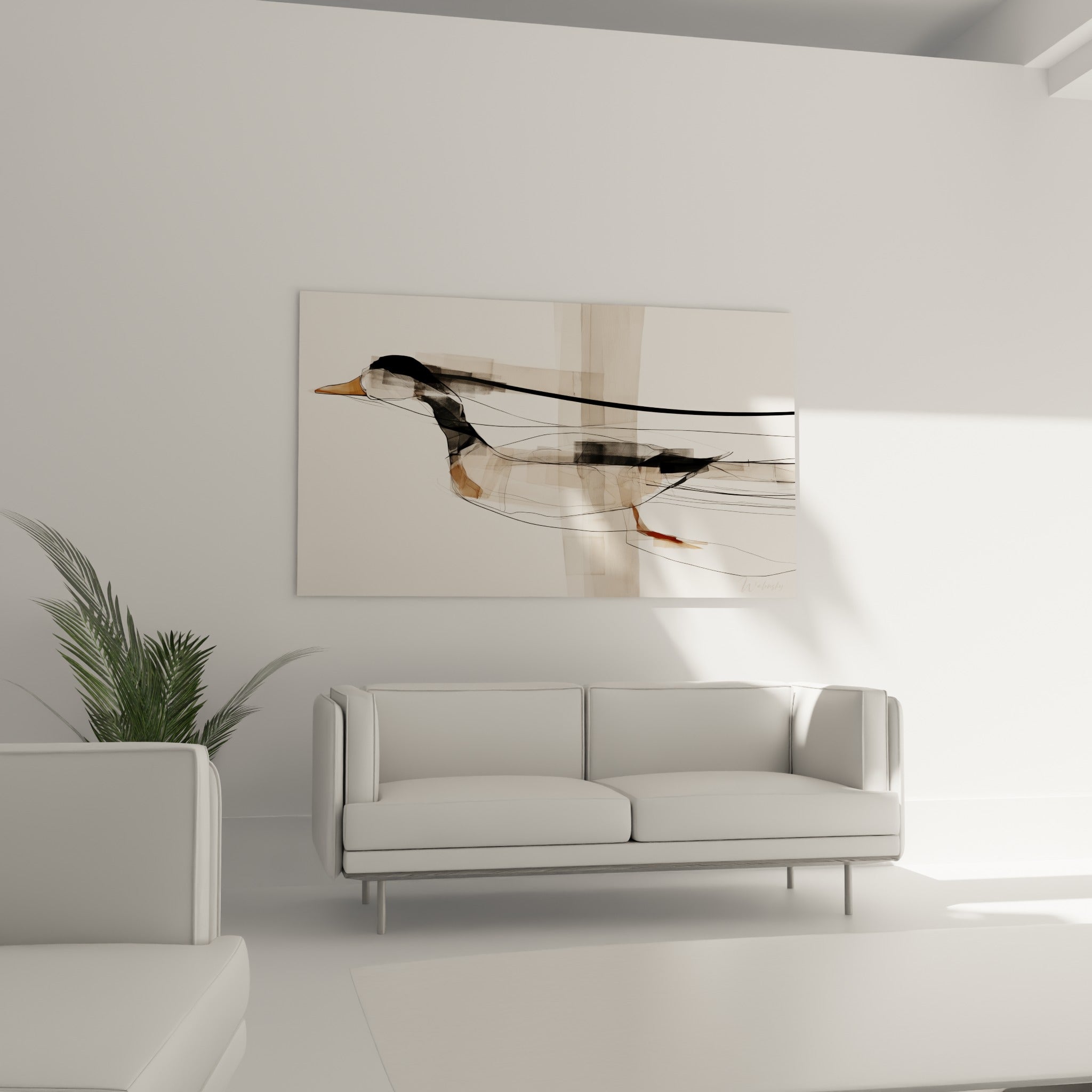 Canard beige aux lignes fines placé au-dessus d'un canapé dans un salon lumineux