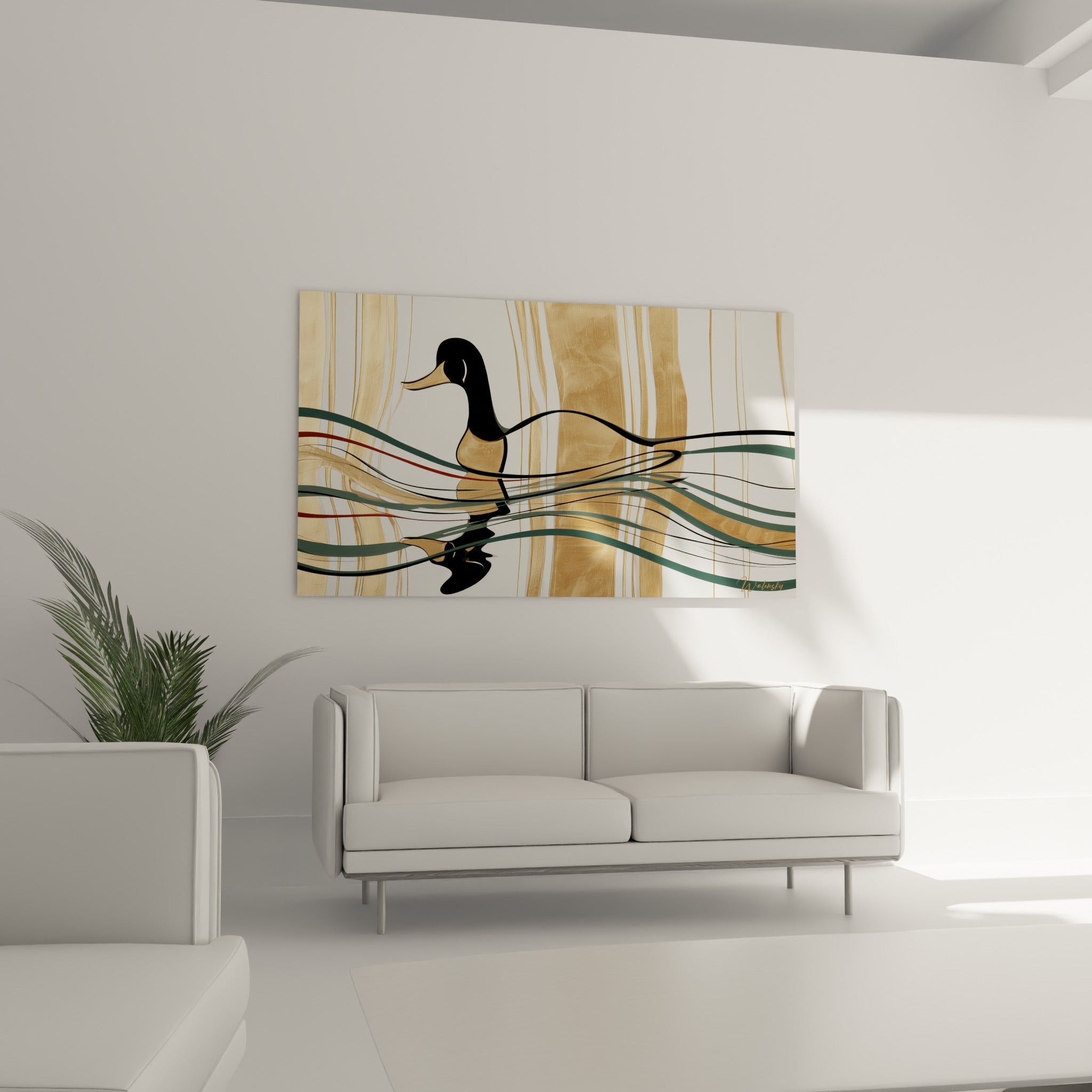 Canard stylisé en noir et or entouré de vagues vert sapin, disposé au-dessus d'un canapé dans un salon lumineux
