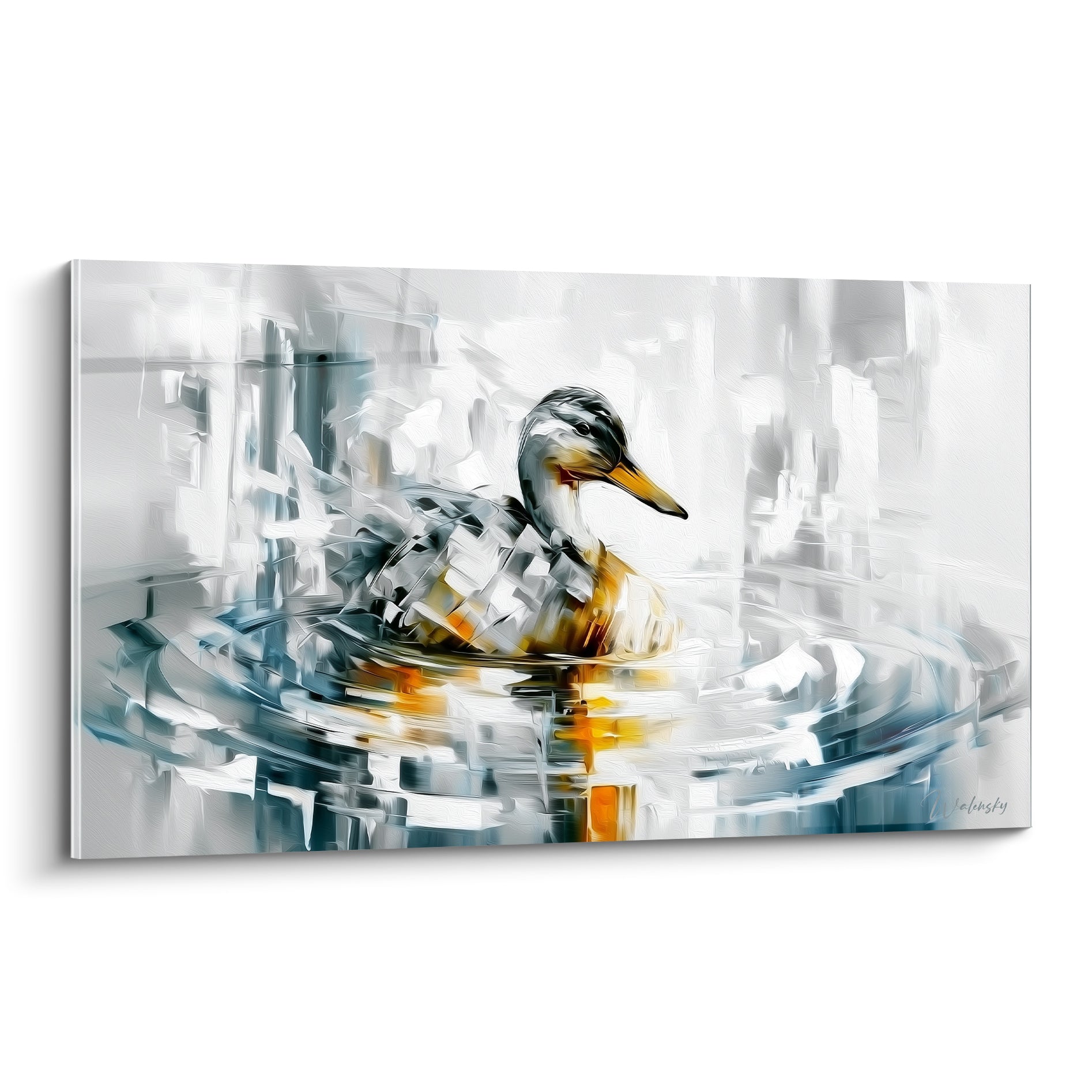 Canard gris et blanc au bec doré flottant sur une eau bleu pastel ondulée
