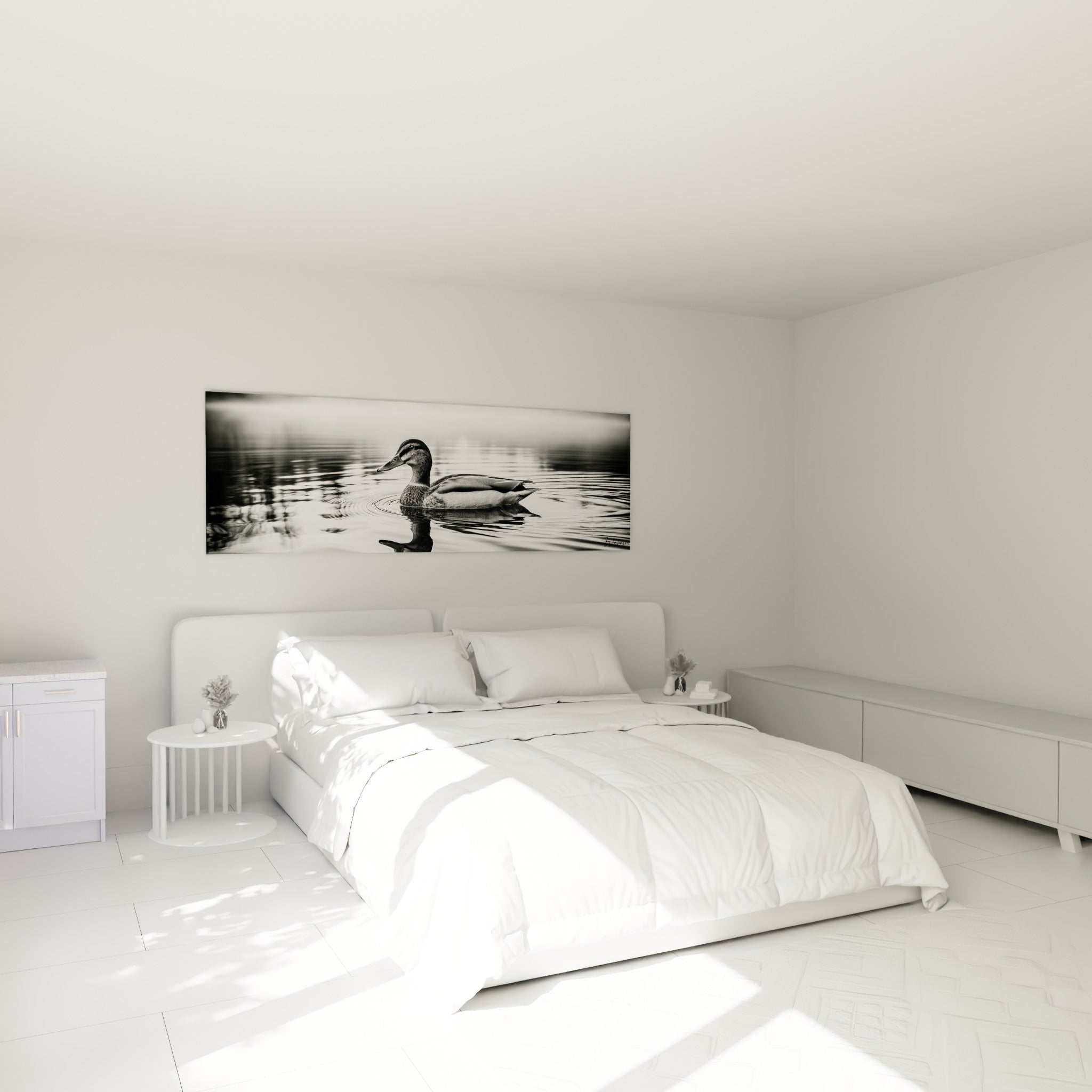 Volatile anthracite nageant paisiblement au-dessus d'un lit dans une chambre claire