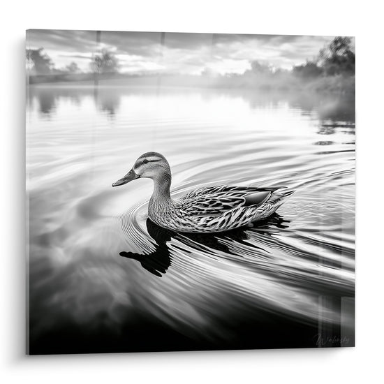 Canard gris glissant sur un lac brumeux, plumage texturé, eau anthracite et blanche.