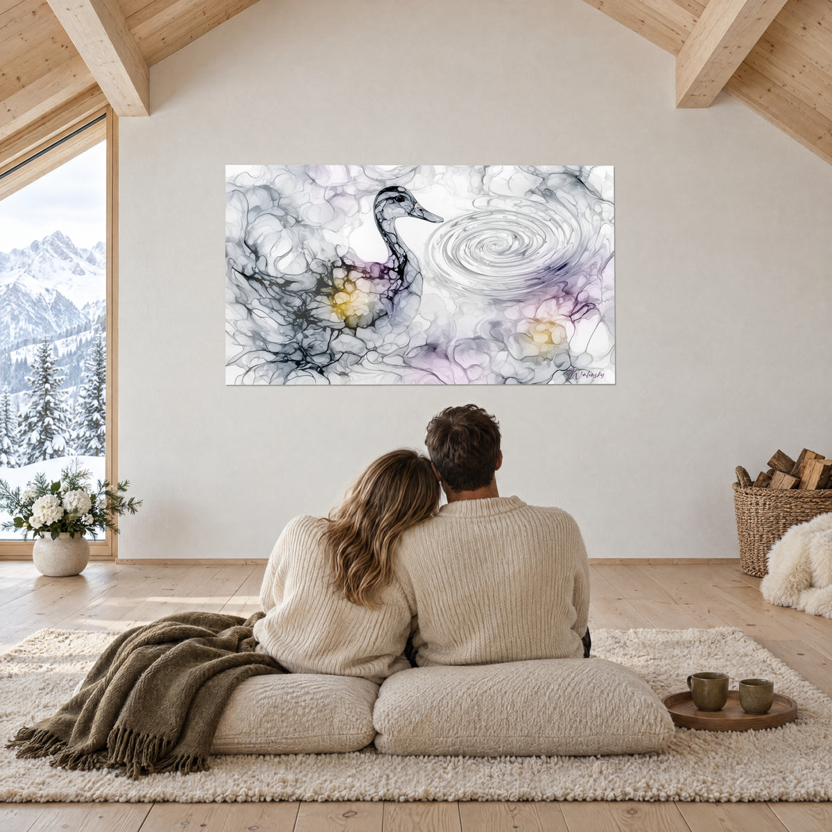 Quadro sagoma di anatra in un astratto fluido grigio e malva, cerchi concentrici sull'acqua, soggiorno innevato di uno chalet