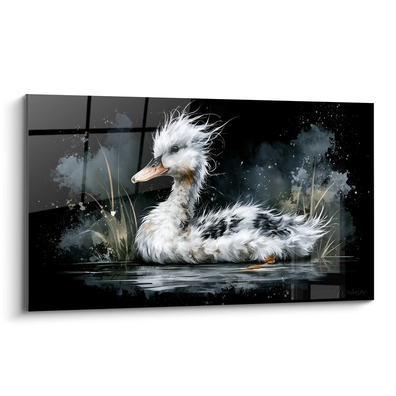 Tableau Canard huppé blanc sur eau anthracite - Solitude aquatique - Edition Canard