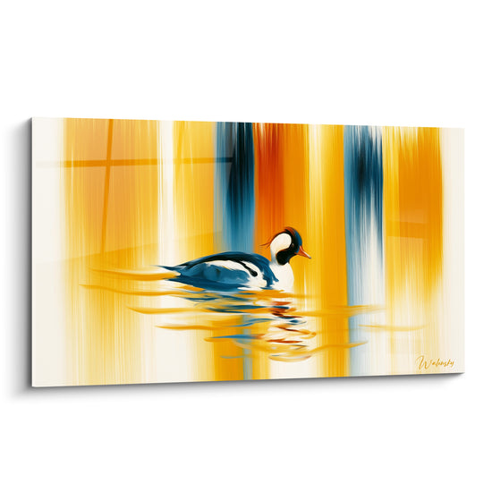 Canard huppé bleu marine et blanc nageant sur fond doré et bleu pétrole strié