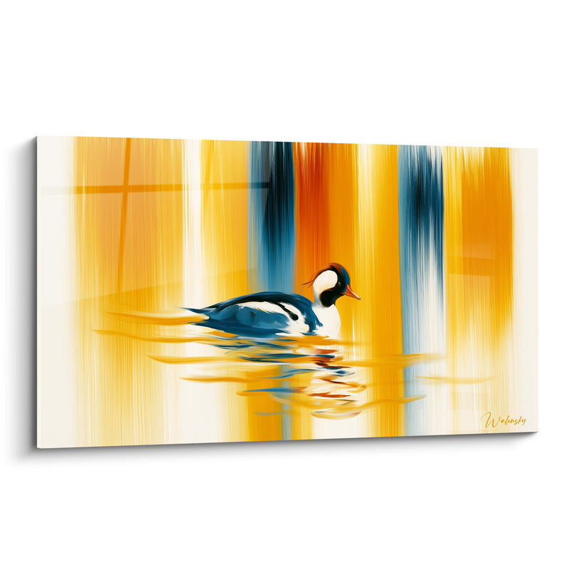 Tableau Canard nageant sur fond doré et bleu - Reflets tranquilles - Edition Canard