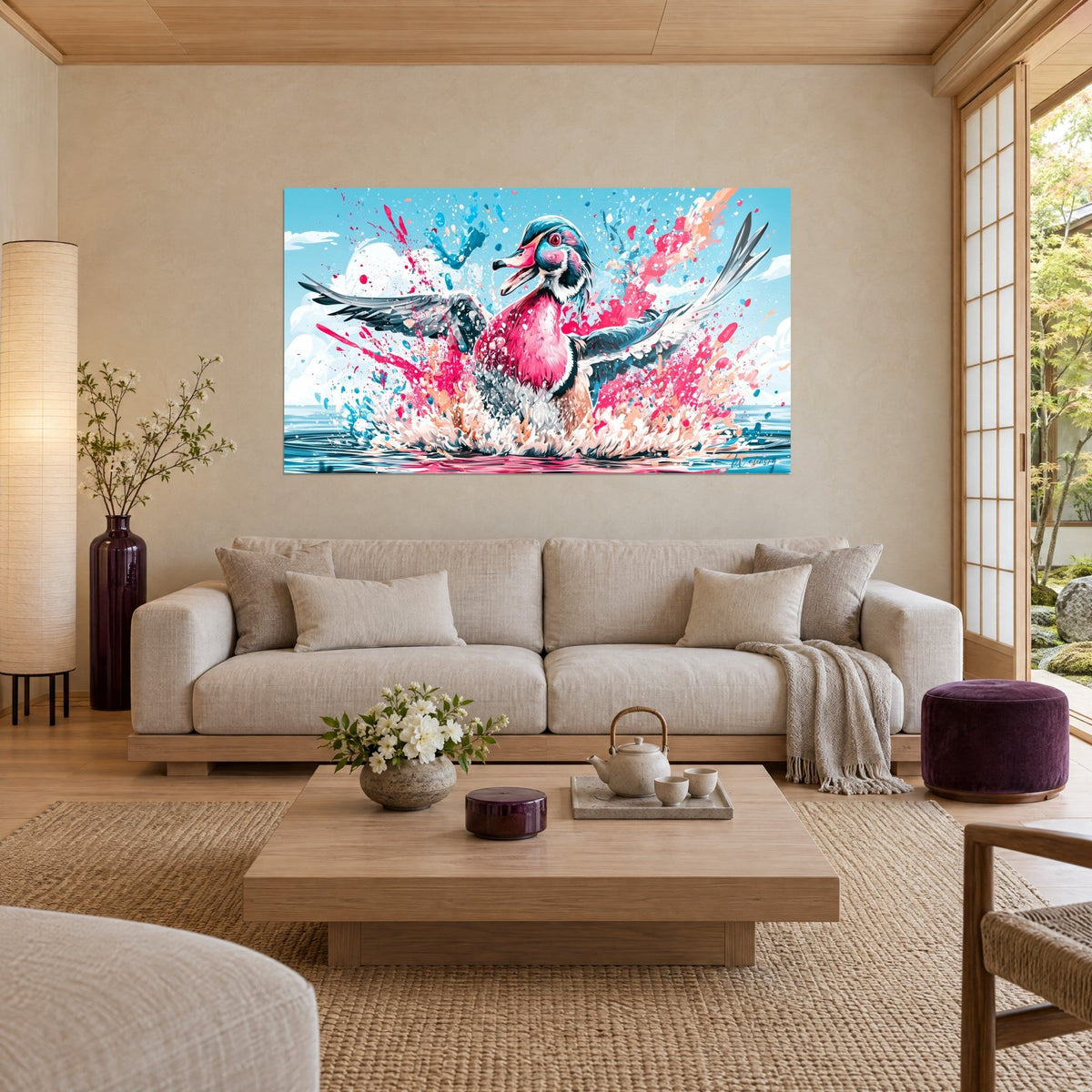 Tableau canard branchu aux ailes déployées, plumage rose vif et bleu azur, éclaboussures corail, au-dessus d'un canapé dans un salon lumineux