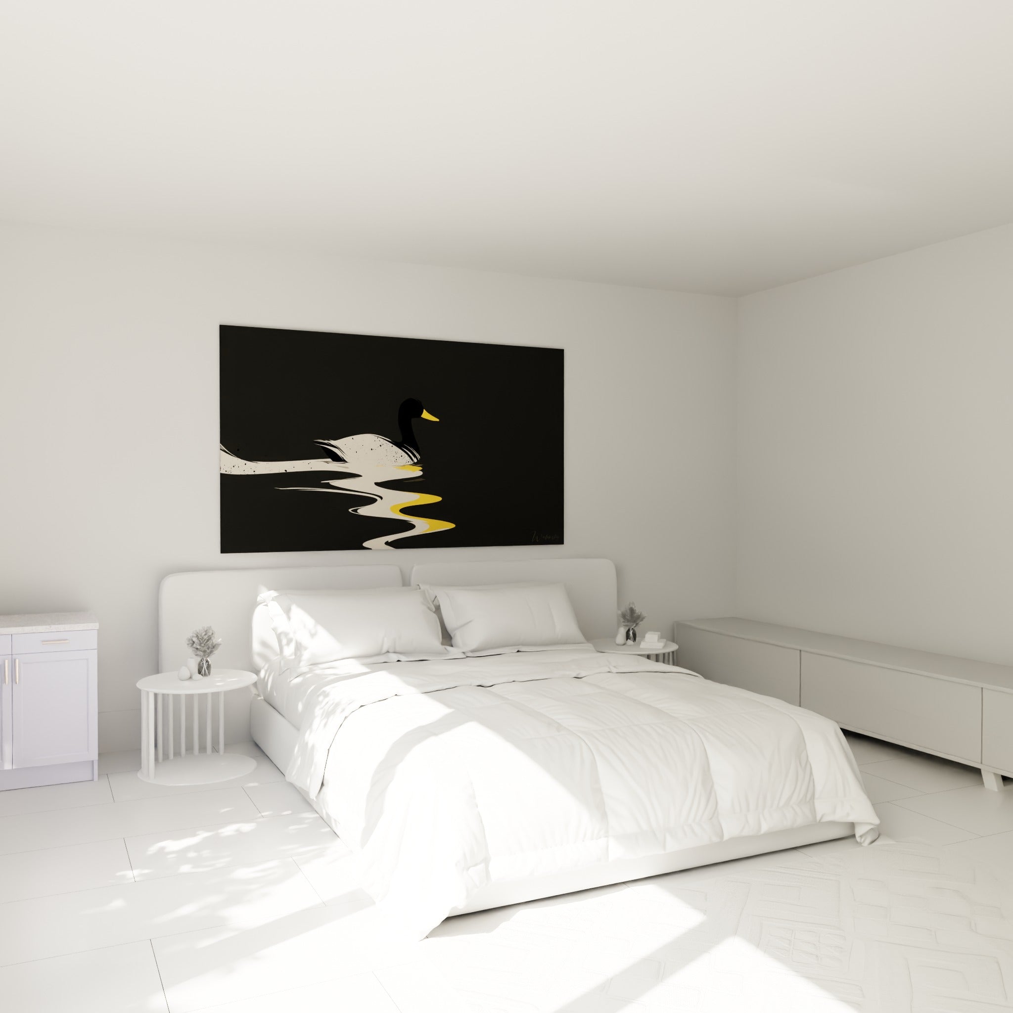 Silhouette de canard ivoire et noir au-dessus d'un lit dans une chambre claire