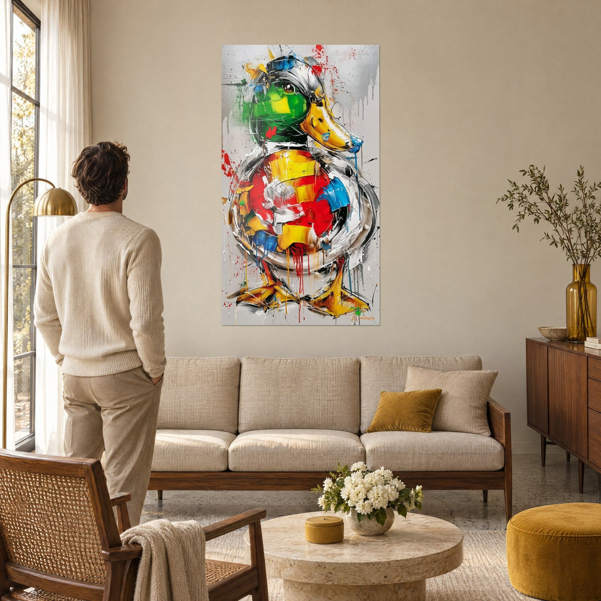 Tableau canard colvert aux plumes vertes et rouges éclaboussées, observé par un homme de dos, au-dessus d'un canapé dans un salon lumineux