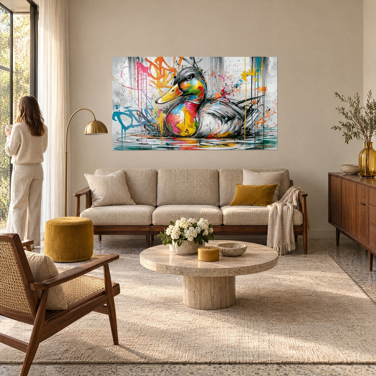 Tableau canard au poitrail arc-en-ciel et bec jaune, fond de graffitis orange et turquoise, au-dessus d'un canapé dans un salon lumineux