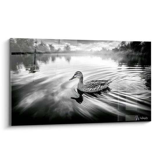 Canard aux plumes striées glisse sur une eau grise et blanche dans la brume matinale