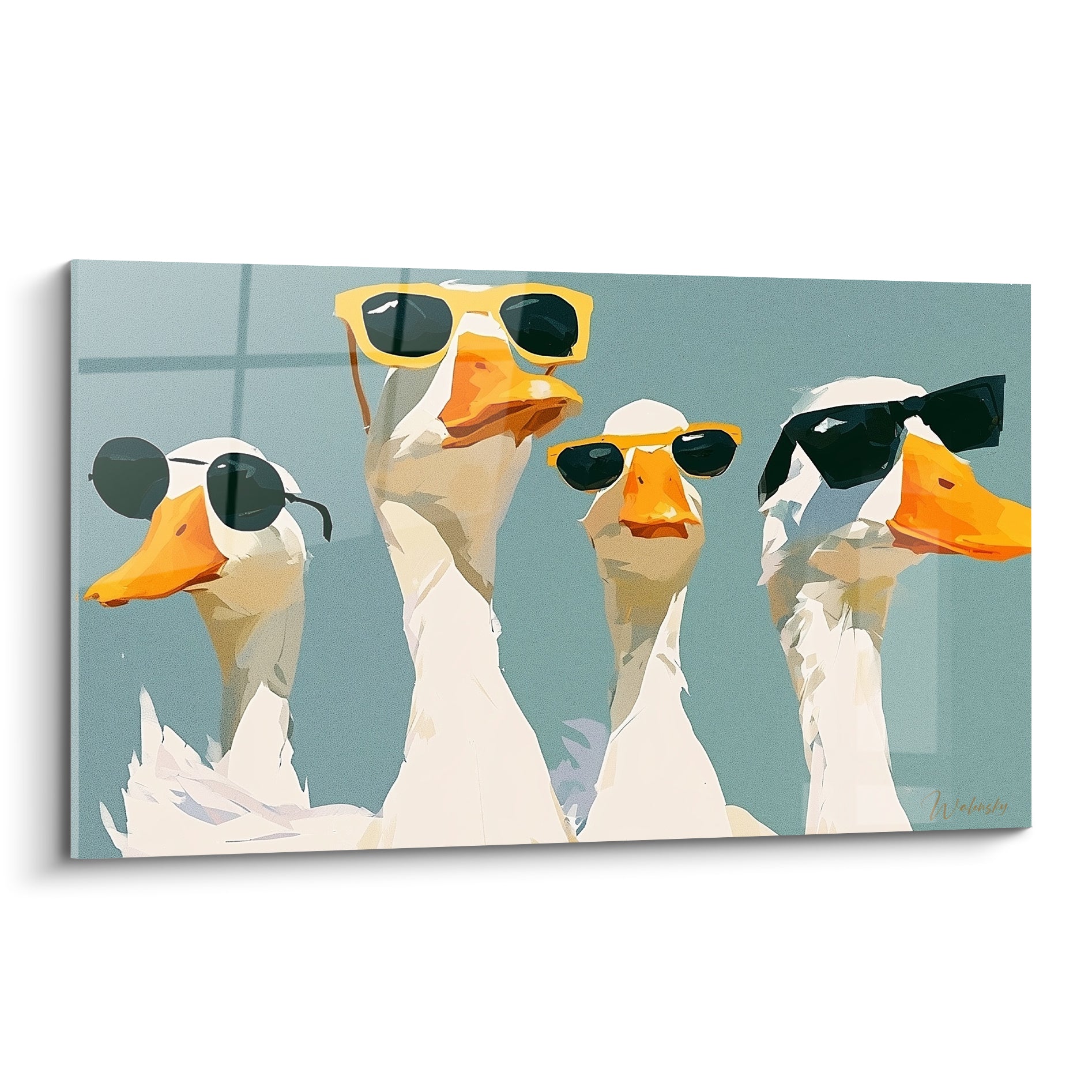 Quatre canards blancs aux lunettes jaunes et anthracite, becs orangés, fond bleu sauge