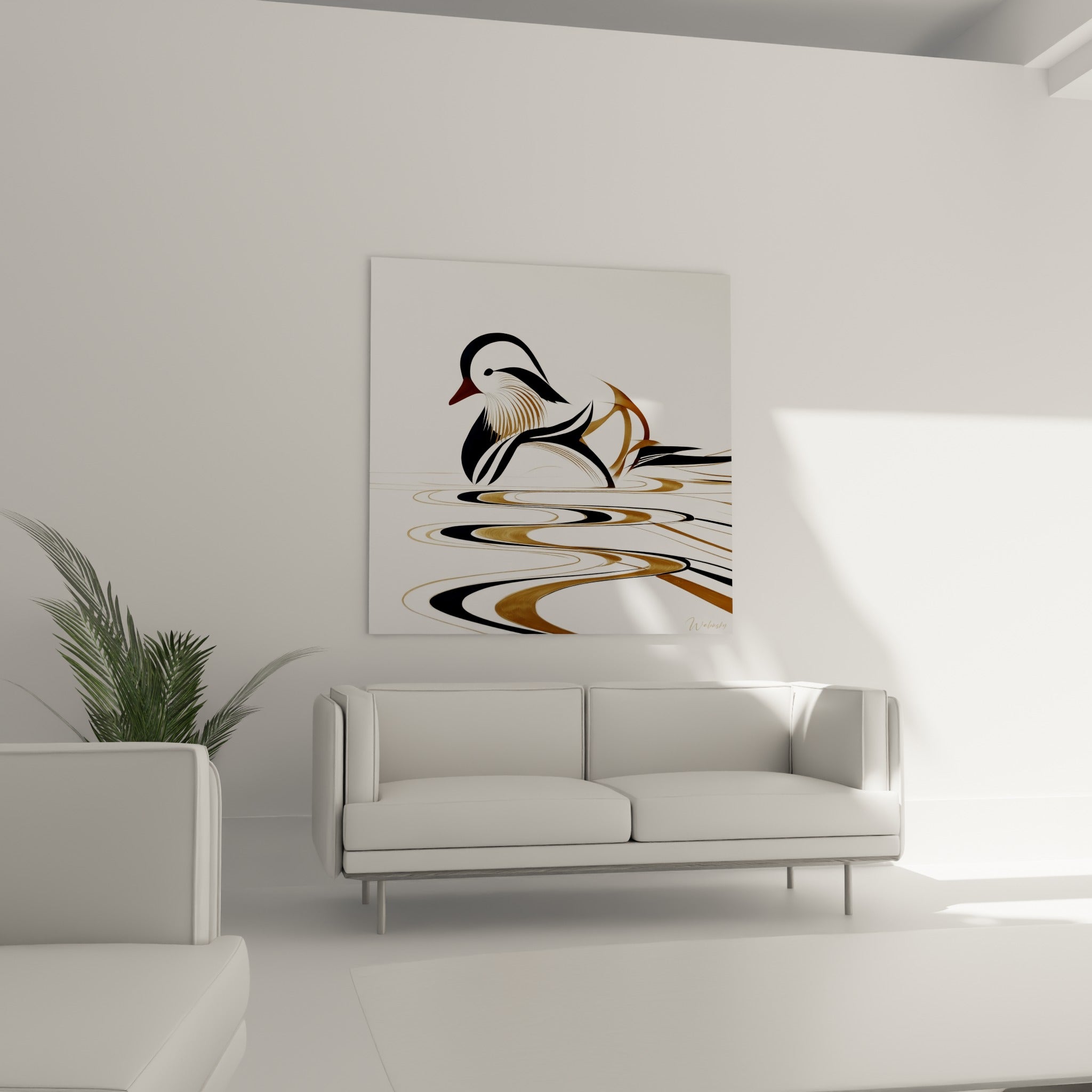Canard mandarin gracieux en noir et ocre, posé au-dessus d'un canapé dans un salon lumineux