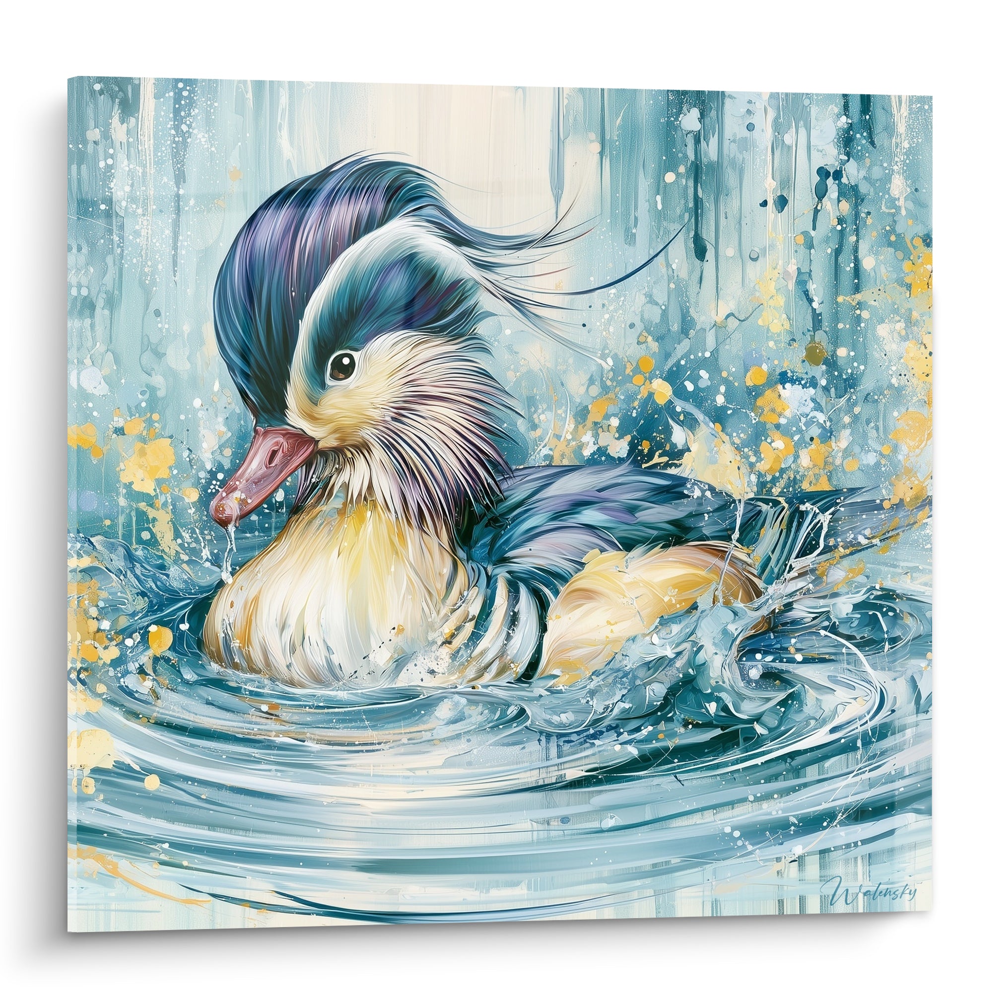 Canard mandarin bleu nuit et doré flottant sur une eau bleu pastel éclaboussée