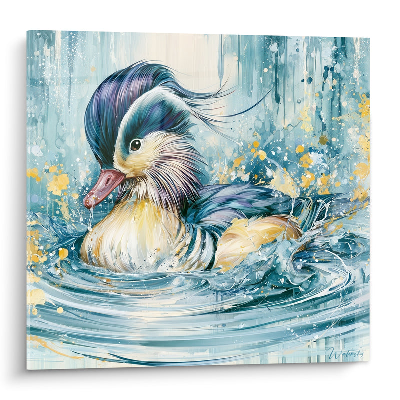 Tableau Mandarin bleu et crème huppe soyeuse au vent - Goutte au bec - Edition Canard