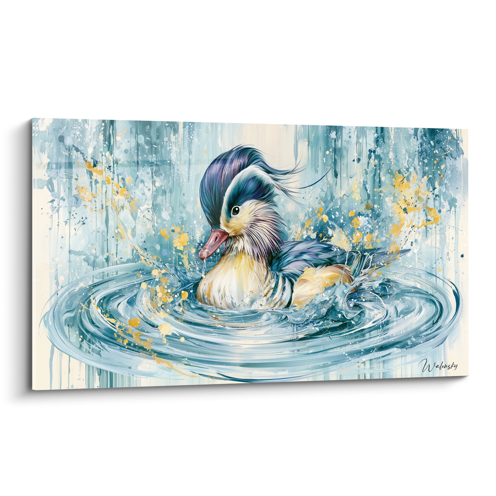 Canard mandarin bleu et crème nageant, tête en mouvement, éclats dorés sur l'eau pastel