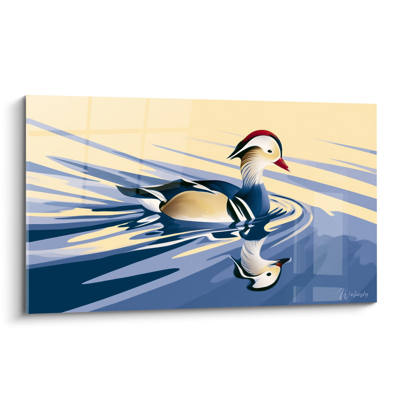Tableau Canard mandarin bleu marine et ocre sur eau - Reflet doré du matin - Edition Canard