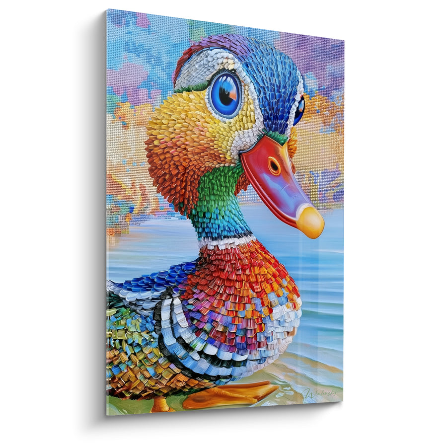 Tableau Mandarin bleu et rouge à grands yeux ronds - Regard écarquillé - Edition Canard
