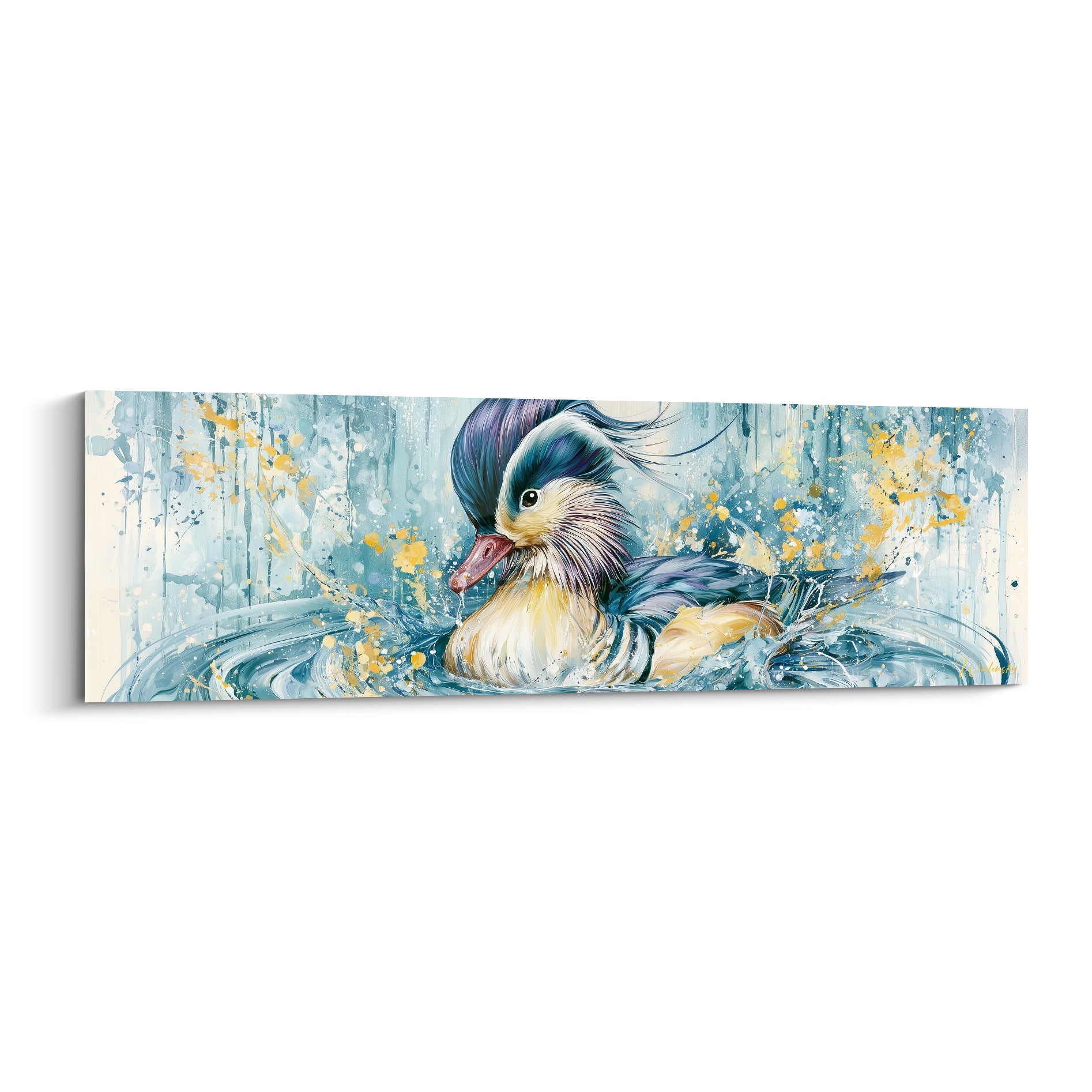 Canard mandarin bleu et doré flottant sur une eau turquoise éclaboussée de peinture