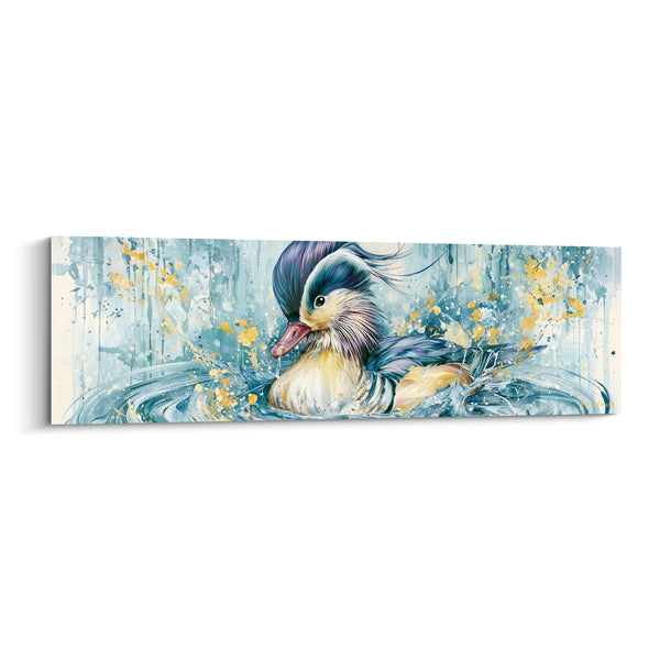 Floating Mandarin Duck Painting on Blue Gold Water - Peaceful Swim - Duck Edition