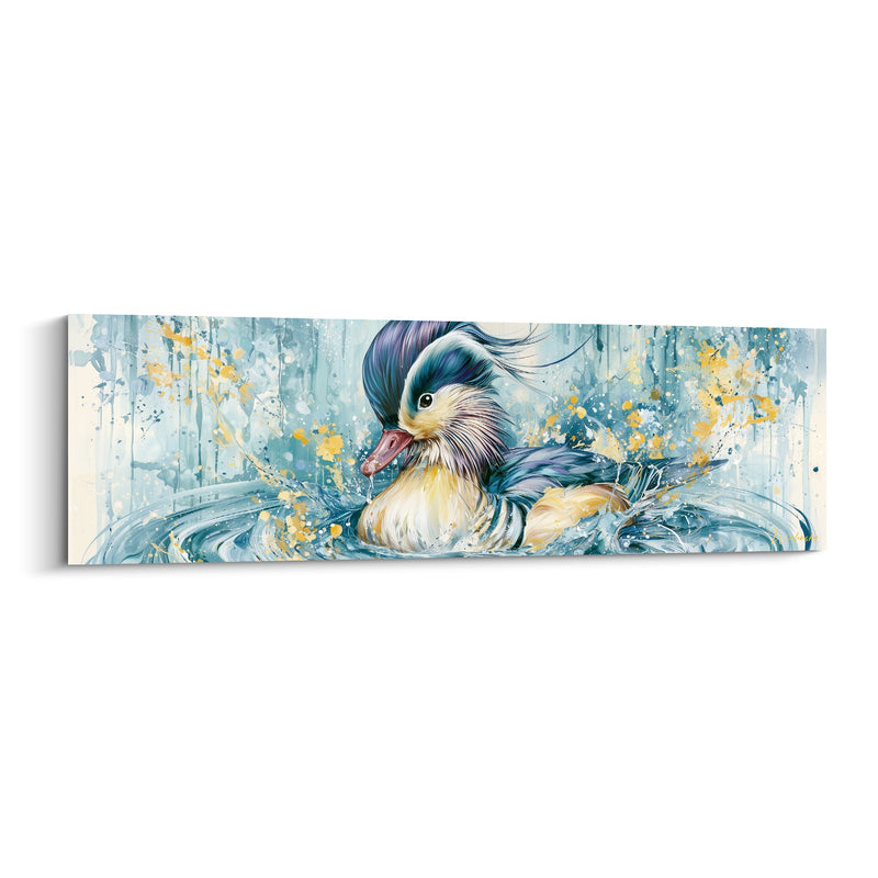 Tableau Canard mandarin flottant sur eau bleue dorée - Nage paisible - Edition Canard