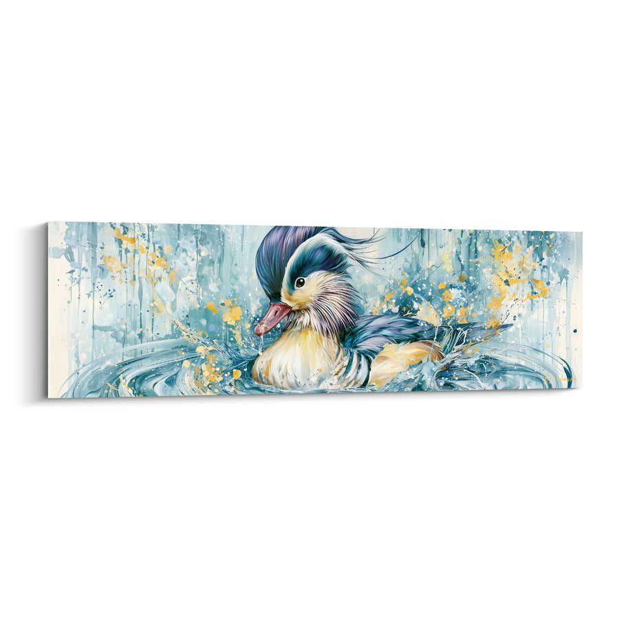 Cuadro de Pato Mandarín Flotando en Agua Azul Dorada - Nado Pacífico - Edición Pato