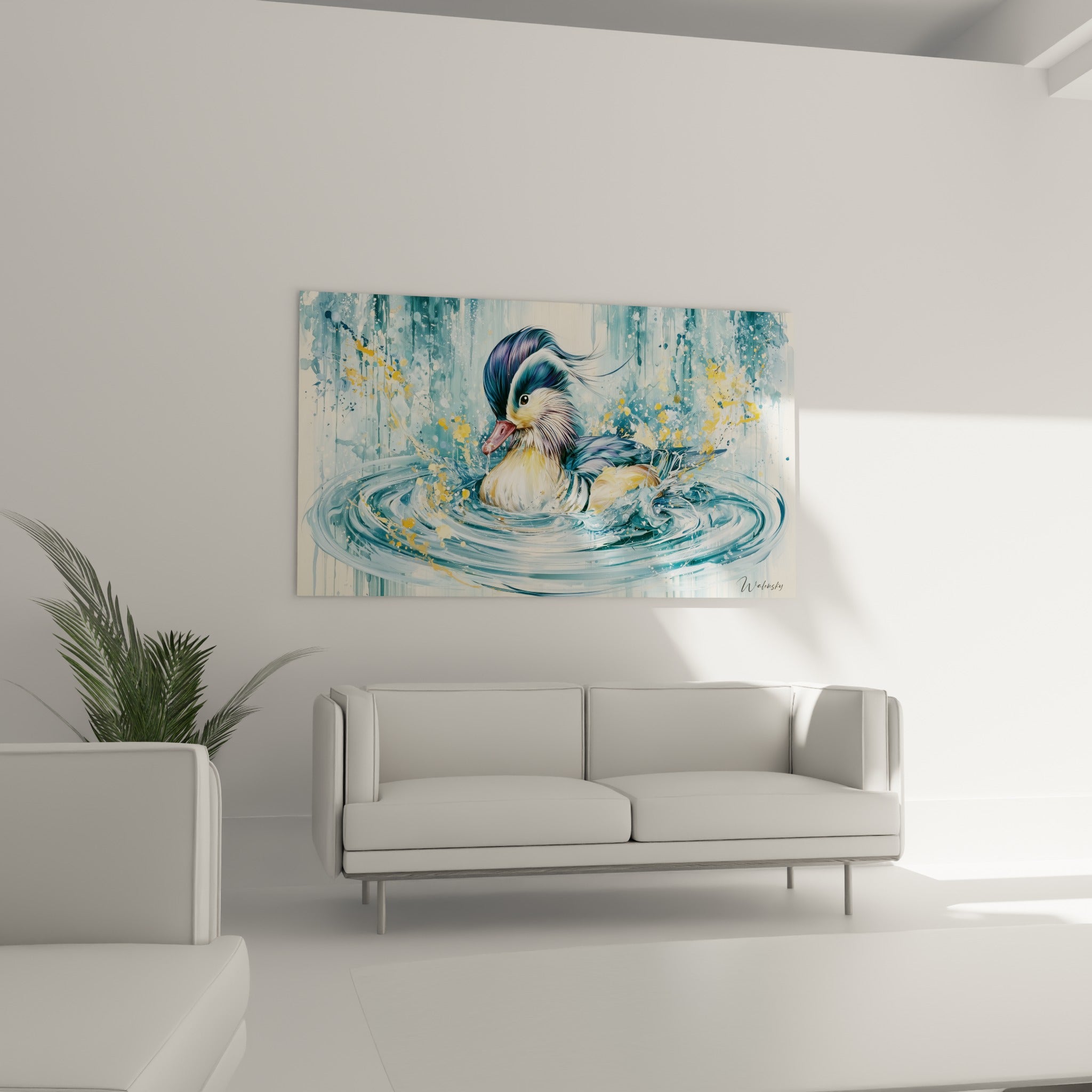Canard mandarin ondulant sur une eau bleu gris parsemée d'or, au-dessus d'un canapé dans un salon lumineux