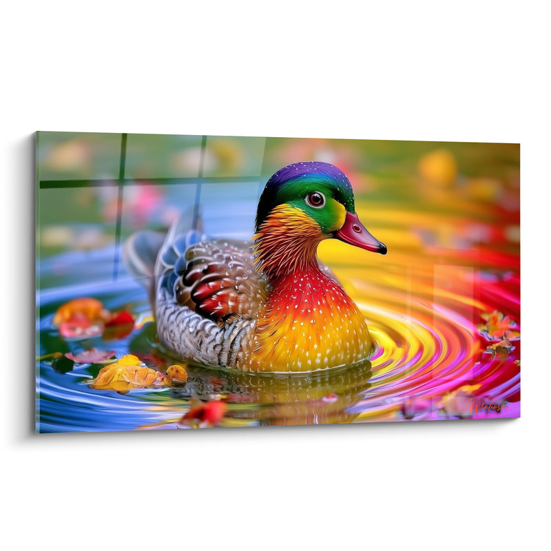 Tableau Canard mandarin doré et rouge sur eau irisée - Reflets d'automne - Edition Canard